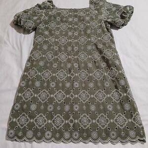 TALBOTS 14 olive green short-sleeved embroidered a-line fully-lined 100% cotton